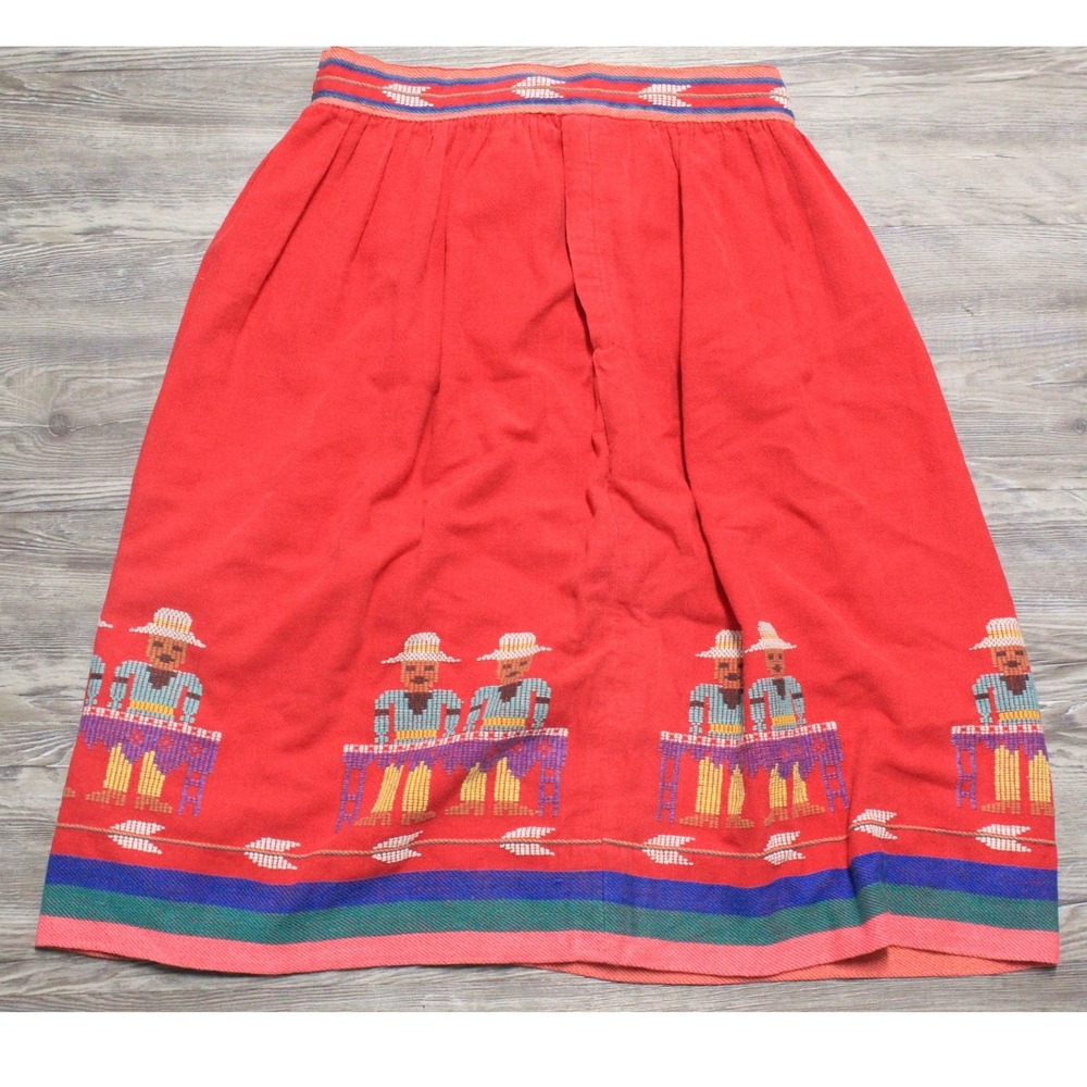 Vintage Handmade Midi Skirt XS Faded Red Embroidered Guatemalan Folk Art Cotton